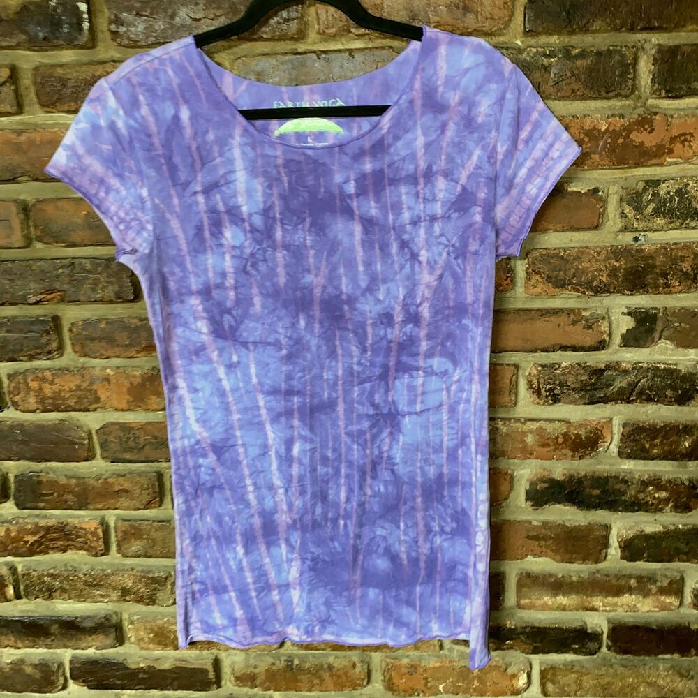 Earth Yoga Purple Tie Dye Organic Cotton Bamboo Short Sleeve Top Women's Large